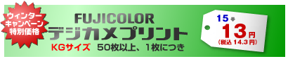 FUJICOLORデジカメプリント KGサイズ 50枚以上、1枚につき 15→13円