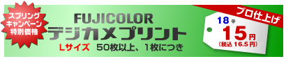 FUJICOLORデジカメプリント Lサイズ 50枚以上、1枚につき 18→15円