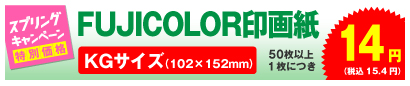 FUJICOLORデジカメプリント KGサイズ 50枚以上、1枚につき 14円