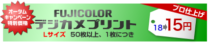 FUJICOLORデジカメプリント Lサイズ 50枚以上、1枚につき 18→15円