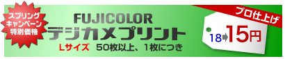 FUJICOLORデジカメプリント Lサイズ 50枚以上、1枚につき 18→15円
