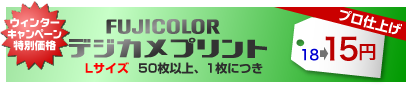 FUJICOLORデジカメプリント Lサイズ 50枚以上、1枚につき 18→15円