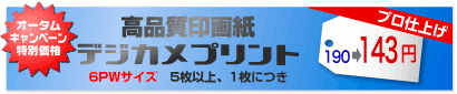 高品質印画紙デジカメプリント 6PWサイズ 5枚以上、1枚につき 200→150円